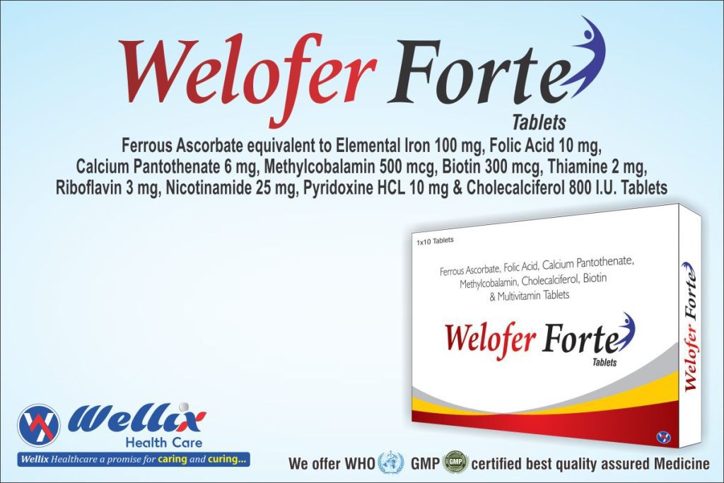 Ferrous Ascorbate equivalent to Elemental Iron 100 mg., Folic Acid 10 mg, Calcium Pantothenate 6 mg, Methylcobalamin 500 mcg, Cholecalciferol 800 I.U., Biotin 300 mcg, Thiamine 2 mg, Riboflavin 3 mg. Nicotinamide 25 mg, Pyridoxine HCL 10 mg Tablets